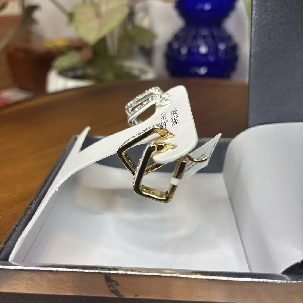 And Now This 2prs 18k gold over brass Crystal Hoop Earrings Christmas Gift Box